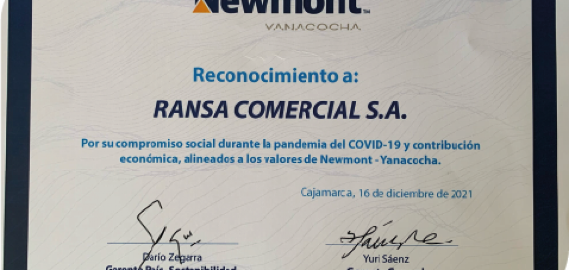 Recibimos reconocimiento de nuestro cliente Yanacocha por el apoyo brindado en la coyuntura Covid-19
